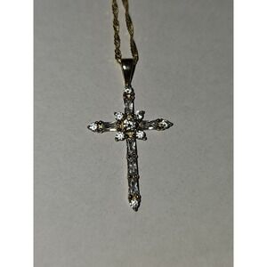 14K Solid Yellow Gold 19.5" Necklace 1.6g CZ 10K Gold 1.35" Cross Pendant 1.7g